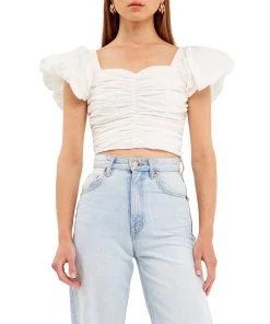 Best Sale 😍 ENDLESS ROSE 👩 women Shirring Detail Puff Sleeve Cropped Top 🎉