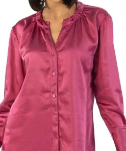 Cheapest ๐ Kut From The Kloth ๐ฉ women Brigitta Satin Button Down Top With Shirring in Magenta ๐