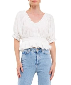 Brand new ๐ ENDLESS ROSE ๐ฉ women Floral Embroidered Smocked Off Shoulder Top ๐