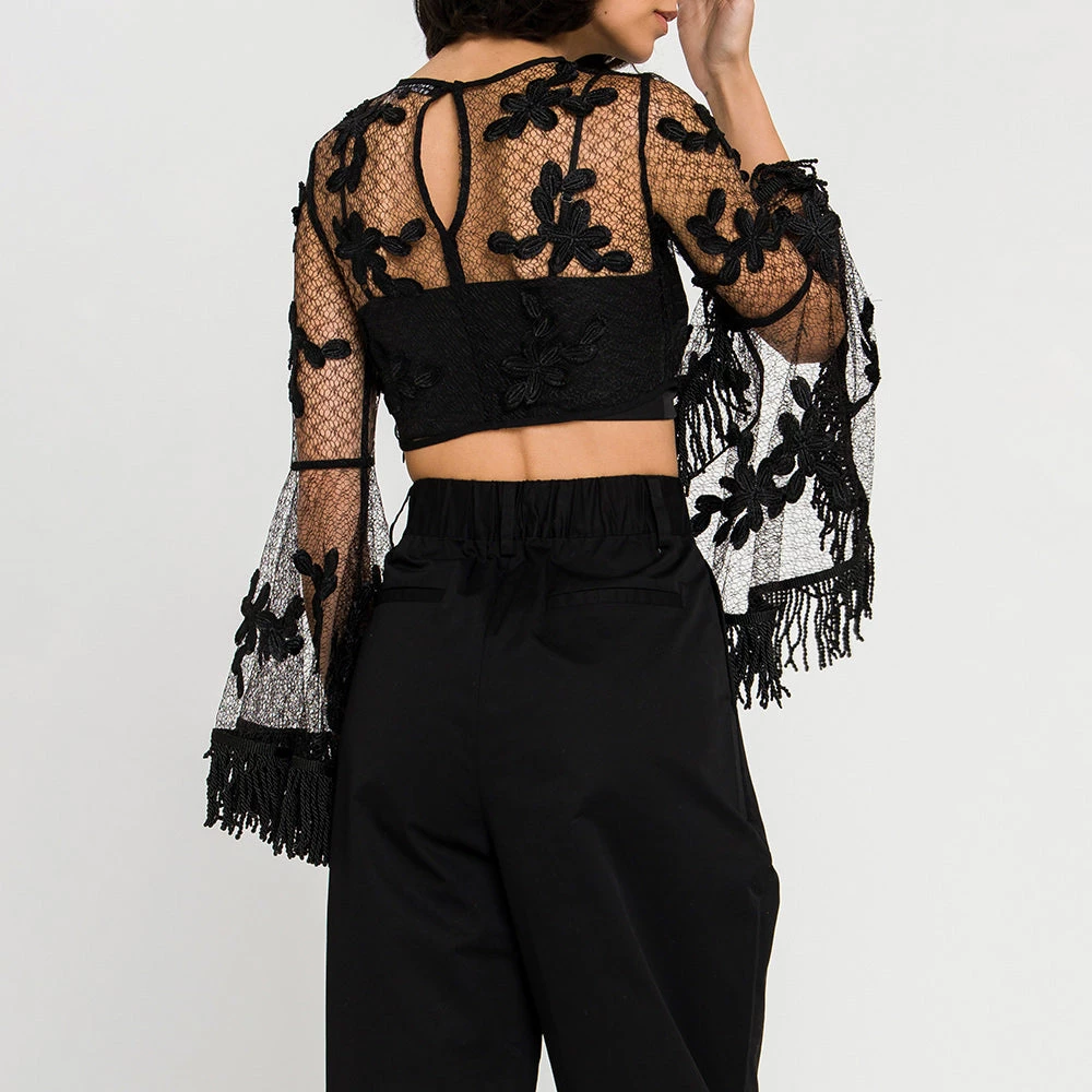 Discount 🎁 ENDLESS ROSE 👩 women Floral Lace Crop Top with Bell Sleeve 🎉 3 Discount 🎁 ENDLESS ROSE 👩 women Floral Lace Crop Top with Bell Sleeve 🎉 - Image 3