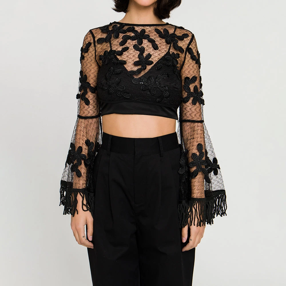 Discount 🎁 ENDLESS ROSE 👩 women Floral Lace Crop Top with Bell Sleeve 🎉 4 Discount 🎁 ENDLESS ROSE 👩 women Floral Lace Crop Top with Bell Sleeve 🎉 - Image 4