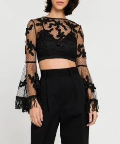Discount 🎁 ENDLESS ROSE 👩 women Floral Lace Crop Top with Bell Sleeve 🎉