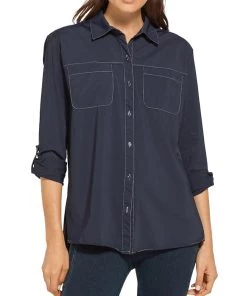 Deals ⭐ Lysse Camper Sporty 👩 Womens Contrast Stitch Curved Hem Button-Down Top ⌛